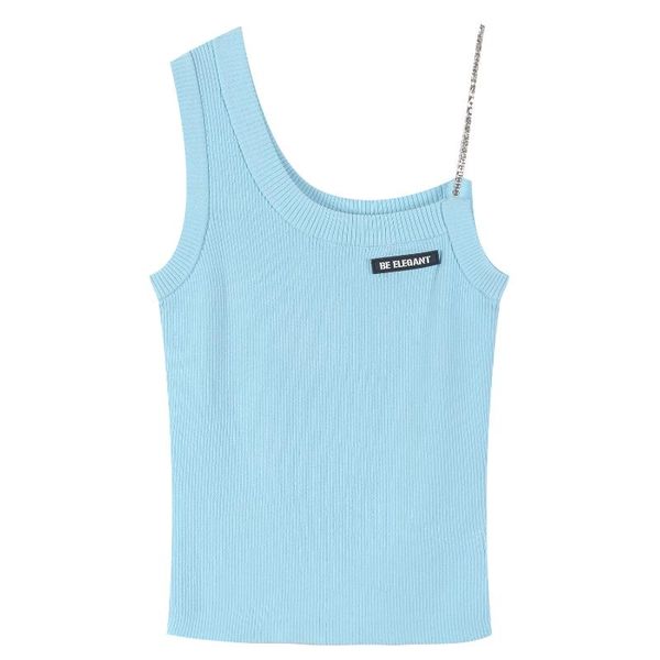 

women's tanks & camis summer lady sky blue slant shoulder drill chain vest slim fitting jacket, White