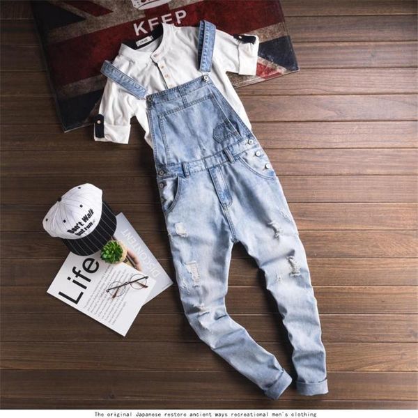 

tirantes para hombre, nuevos monos vaqueros informales en azul claro, rasgados con bolsillos, pantalones b men's jeans, Blue