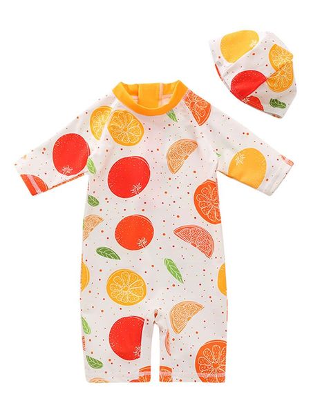 

children's swimsuit set, fruit print zipper playsuit and cap two-piece suit for vacation swimming beach one-pieces, Black