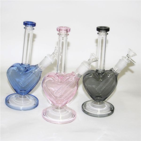 Herzförmige Glasbongs Wasserpfeife Wasserpfeife Heady Smoking Dab Rigs Bong Becher Shisha Wasserpfeifen mit 14-mm-Schüssel Quarz-Banger Dabber-Werkzeug