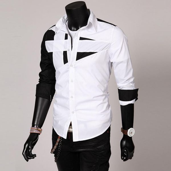 

men's casual shirts 2021 black white long sleeve shirt contrast slim c01, White;black