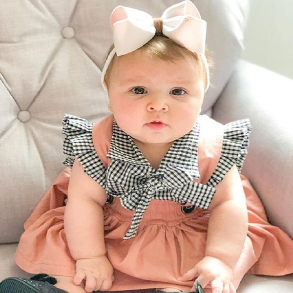 

3pcs born girls outfit set cotton ruffles plaid toddler children suspenders dress infant baby hair band kids clothing sets, White