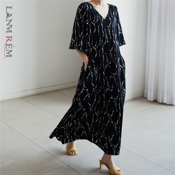 

summer dress loose printing slim v-neck flared sleeve dresses ladies elegant fit fashion 2h196 210507, Black;gray