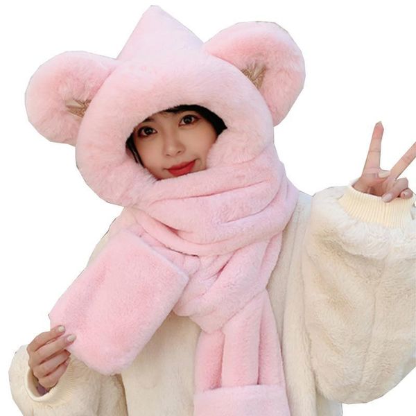 

hats, scarves & gloves sets winter thick hooded scarf with mittens outdoor windproof warm plush hat 3 piece soft comfortable supplies, Blue;gray