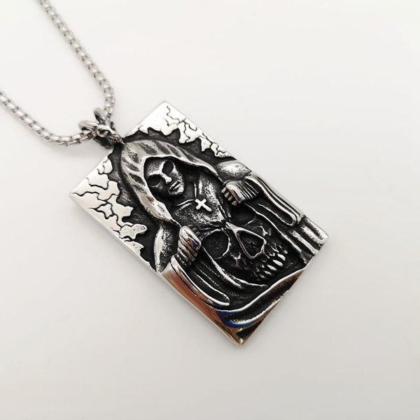 

pendant necklaces goethtic vintage death god skull necklace retro stainless steel cloaked dog tag cool jewelry, Silver