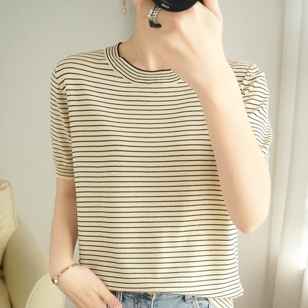

women's t-shirt t-shirts arrival pullover thin summer basic jumper for female soft shirt striped short sleeve girl clothes, White