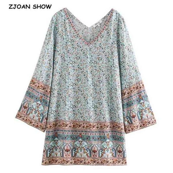 

bohemian women spliced v neck location flower print dress holiday flare long sleeve loose mini short dresses 2 color 210429, Black;gray