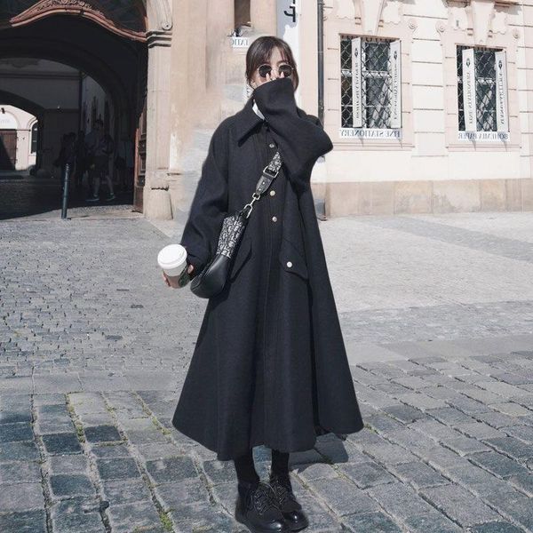 

women's wool & blends hepburn style cloak woolen coat ladies mid-length loose thicker autumn winter long padded blend jacket windbreake, Black