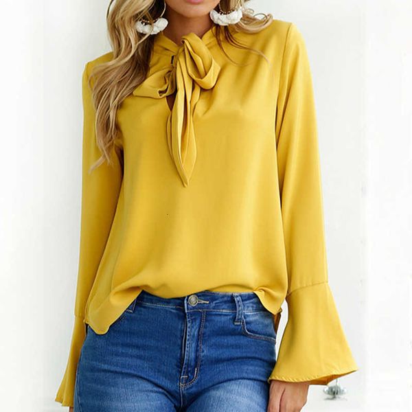 

women's knits & tees office bow tie chiffon blouse and women flare sleeve yellow shirts autumn female elegant long shirt casu, White