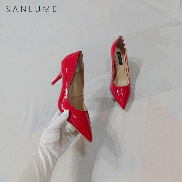 

dress shoes sanlume red patent all leather pumps women woman high heels sandals slip on pointed toe, Black