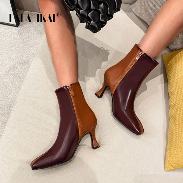 

boots lala ikai women's ankle color matching short tube stiletto boot zip 2021 splice female autumn winter xwc10374-4, Black