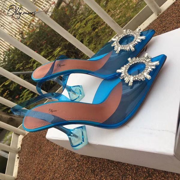 

ollymurs fashion blue women summer sandals pointed toe slip on crystal thin high heel ladies party shoes woman, Black