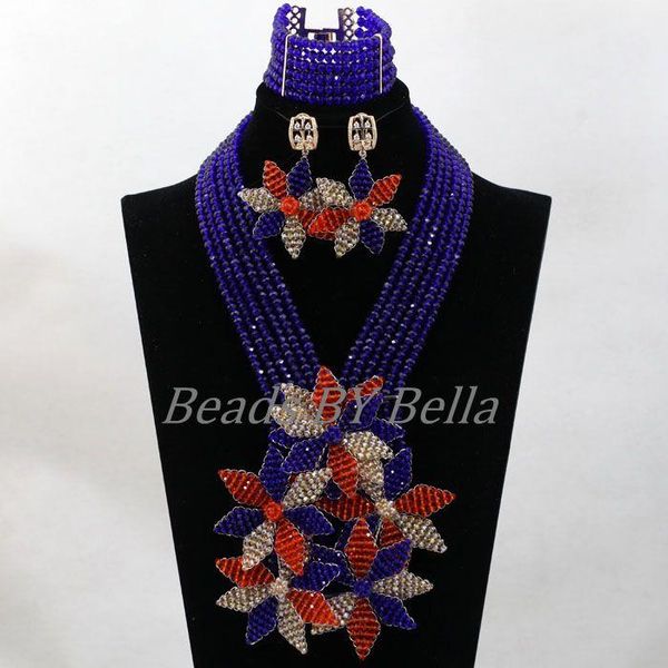 

earrings & necklace handmade big flowers pendant royal blue nigerian crystal beads african women costume jewelry set abl064, Silver