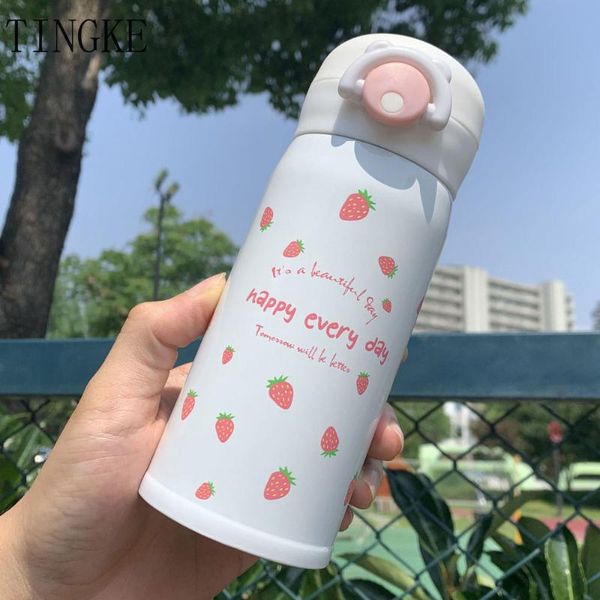 

water bottles 350/500ml cute ladies double-layer stainless steel vacuum flask, portable strawberry pattern couple flask gift cup