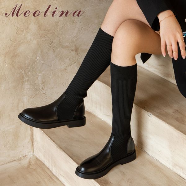 

meotina natural genuine leather flat platform knee high boots women shoes round toe slip on long boots ladies slim boots black 210520