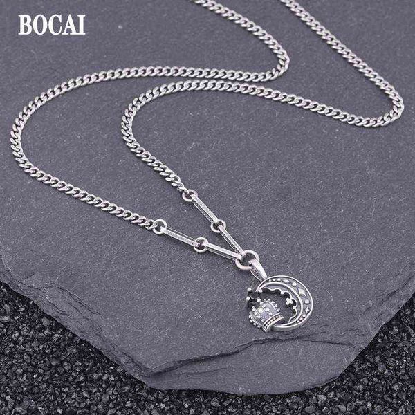 

bocai new 2021 trendy 100% pure s925 silver jewelry crown moon woman necklace retro temperament student clavicle chain