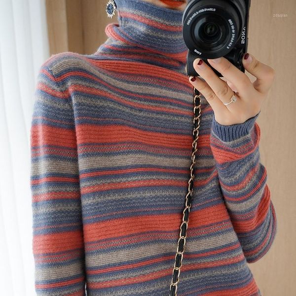 

winter pure wool turtleneck female thickening years render stripe cashmere sweater in western style women's sweaters, White;black