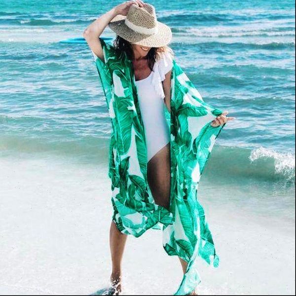 

summer chiffon semi sheer maxi women shirts kimono cardigan green tropical banana leaves printed bikini cover up 3 4, White