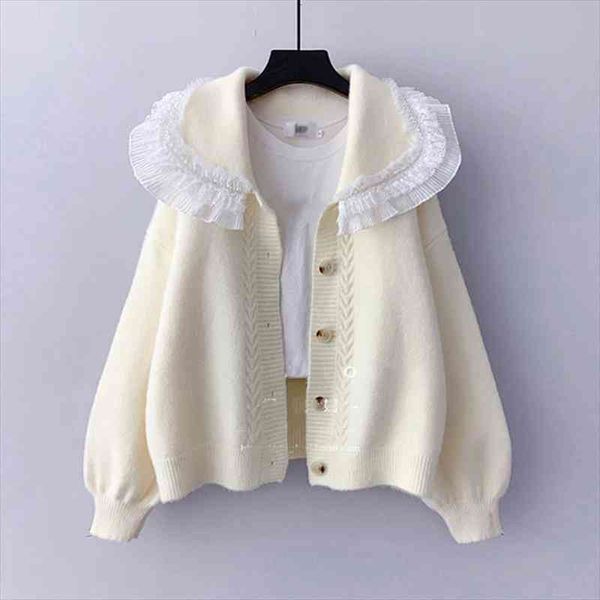 

autumn winter knit female cardigan lace turn down collar sweater womens jacket loose elegant ladys cardigan pull femme top, White;black