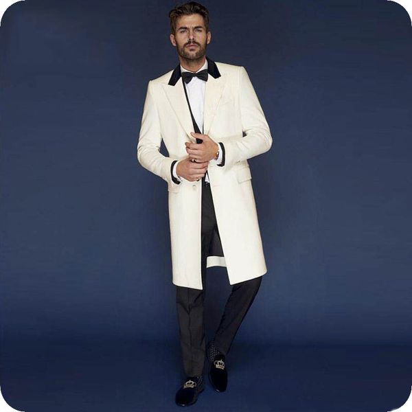 

men's suits & blazers long jacket classic beige men black peaked lapel custom made business suit male pants 2 piece custome homme, White;black