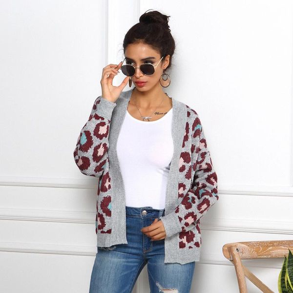 

women's knits & tees leopard print knit cardigan large size women's sweater jacket v neck loose streetwear outerwear pull femme cas, White