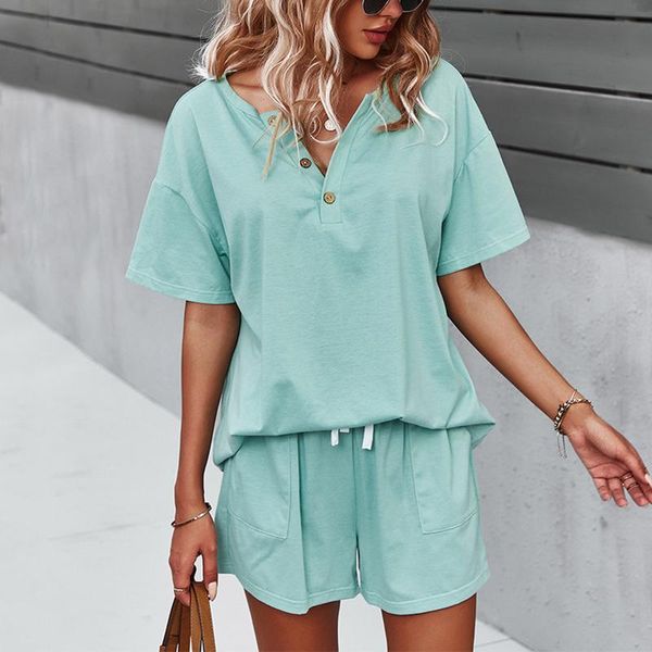 

women's v-neck short sleeve shorts suit est ladies fashion round neck button pure color lace casual tracksuits, Gray