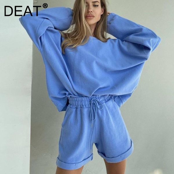 

women's tracksuits deat 2021 autumn arrivals solid color round collar long sleeve loose straight shorts two piece set women outfits mz6, Gray