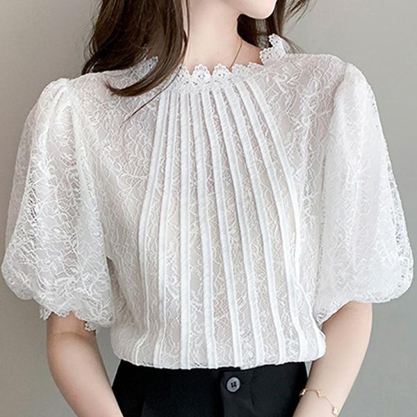 

women's blouses & shirts summer short sleeve blouse women stand collar lace white shirt blusas mujer de moda 2021 femme f08