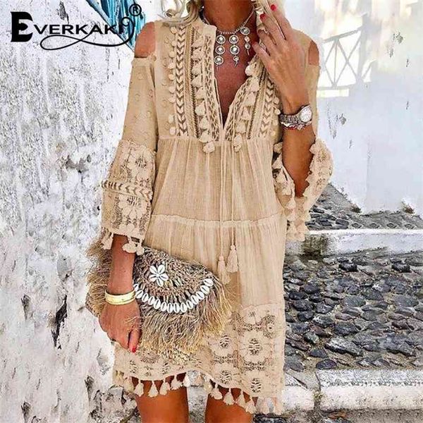 

everkaki ethnic print off shoulder mini dress women summer tassel lace long sleeve boho lady beach short dress female loose 210409, Black;gray
