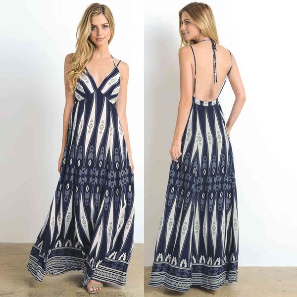 

vintage print backless long dress women spaghetti straps v neck lace up summer dress casual loose boho beach party vestidos 210507, Black;gray