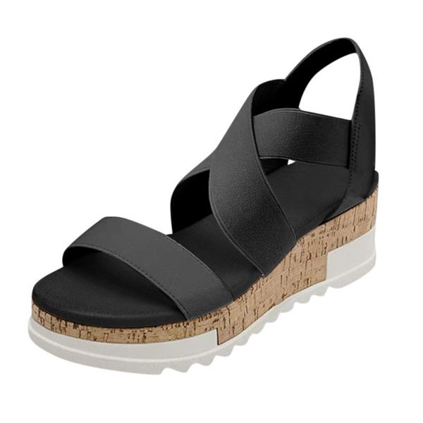 

dress shoes women open toe sandals 2021 summer casual platform wedge non-slip elastic strap femmes chaussures#0410, Black