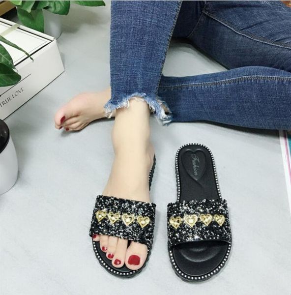 

women sandals summer slippers metal button decoration flat beach shoe ladies flip flops slides, Black