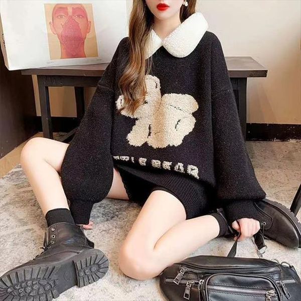 

bear loose lazy female women sweaters han edition ins winter wind style thickening japanese red outer wear, White;black