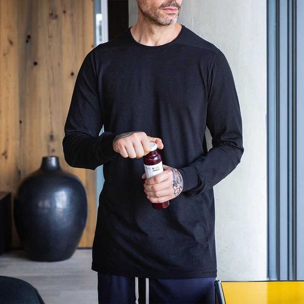 

oneofyou dark black solid slim long sleeve t-shirt men's spring ro style high street rough edge tee t-shirt trend bp85