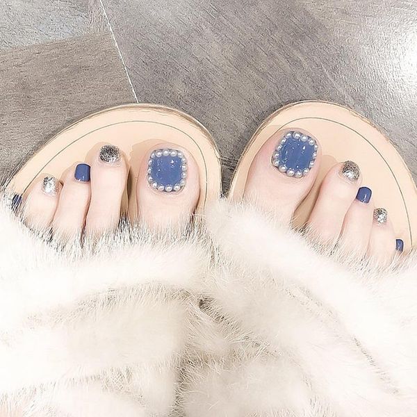 

24pcs fake nails with designs short toe nail patch blue glitter pearl decoration glue models gifts for girls dw false, Red;gold