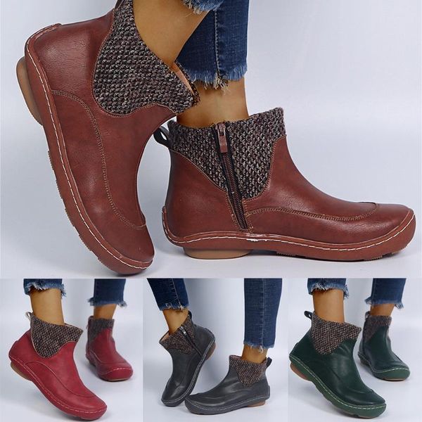 

boots 2021 fashion retro women leather flat zipper solid color short booties round toe shoes ankle female, Black