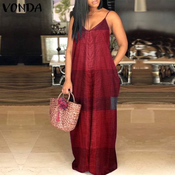 

vonda summer dress women bohemian vintage plaid print long sundress casual straps sleeveless beach robe femme plus size, Black;gray
