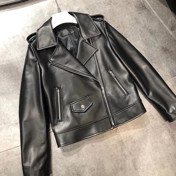 

women's leather & faux real sheep coat ladies natural lambskin jacket, Black