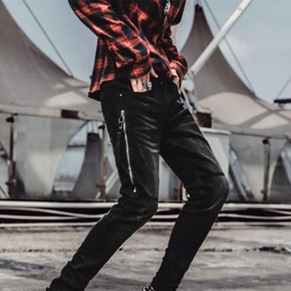 

men's jeans stretch slim trousers mid-waist youth literary creative pants, Blue