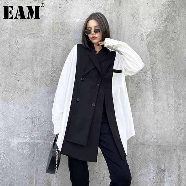 

[eam] women black white bandage big size blouse new notched collar long sleeve loose shirt fashion spring autumn 1dd4835 210410