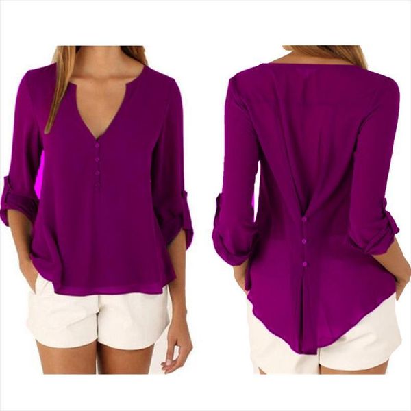 

button v neck simple black women shirts chiffon autumn long sleeve pullover fashion ladies irregular plus size street blouse, White