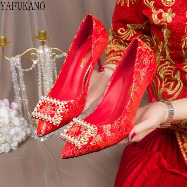 

dress shoes chinese style bridal wedding female 2021 thin heels high pearls square buckle women pumps silk satin xiuhe, Black