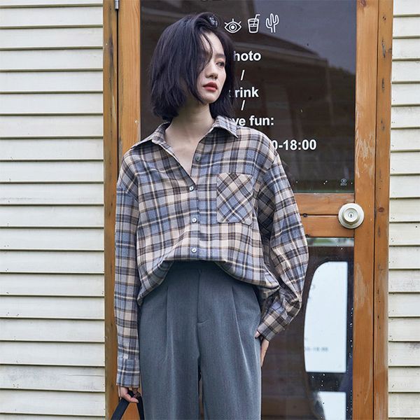 

women's blouses & shirts arrival spring korea fashion women long sleeve loose plaid all-matched casual turn-down collar blouse fem, White