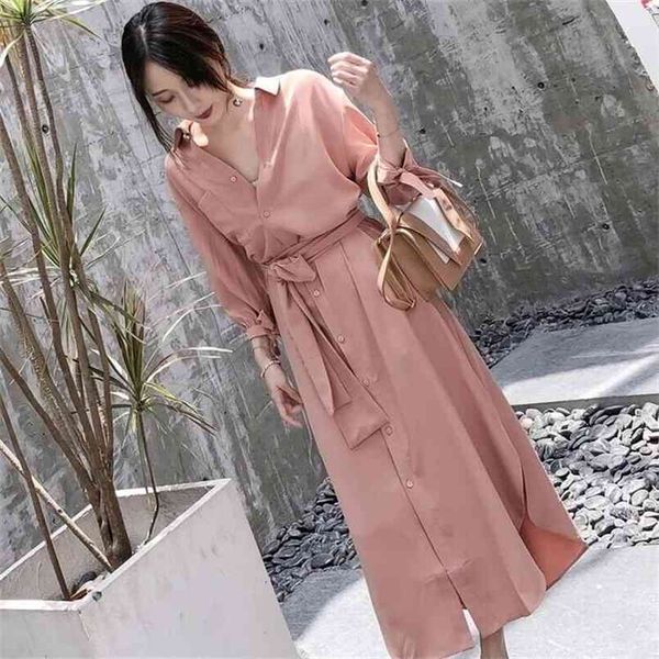 

casual dress women spring summer fashion long sleeve single-breasted shirt es ladies with belt 210519, Black;gray