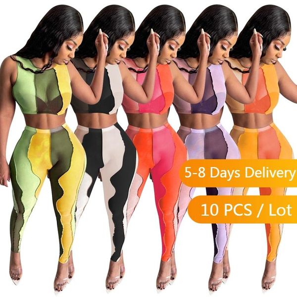 

women's two piece pants bulk items wholesale mesh patchwork women set crop and skinny club outfits for summer, White