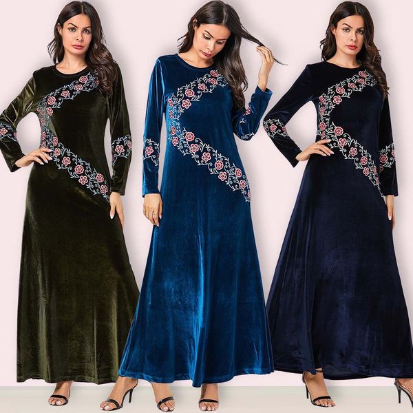 

elegant veet muslim dress women embroidery floral big swing a-line maxi dress kimono long robe abaya dresses islamic clothing, Red