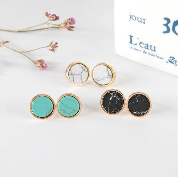 

fashion gold color round white green turquoise marble earrings natural stone kallaite stud earrings jewelry for women, Golden;silver