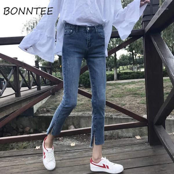 

jeans women scratched zipper pockets chic pencil retro womens skinny soft students korean style simple daily women's, Blue
