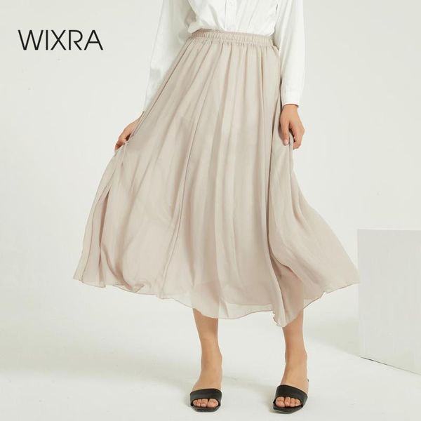 

wixra women summer solid chiffon skirts elegant high elastic waist loose a line long beach skirt for ladies, Black
