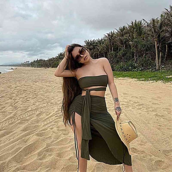 

arrival bandages fashionable sleeveless backless split folds travelling women two piece sets, Gray